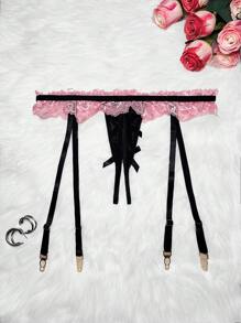 SHEIN 1pc Women Contrast Lace Bow Decorated Sexy Suspender Pantyhose - Pink - View 2