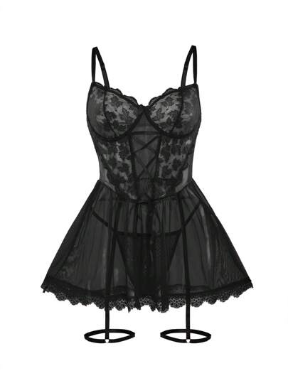 Contrast Kanten Mesh Underwire Garter Lingerie Dress view 4