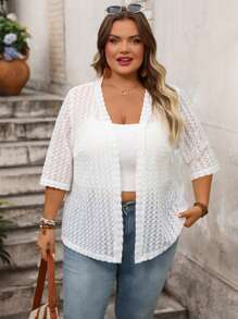 SHEIN CURVE+ Große Größen Urlaubs-Casual einfarbiger Strickmantel mit Hohlmuster für Sommer/Land/Strandurlaub - Weiss - Übersicht 3