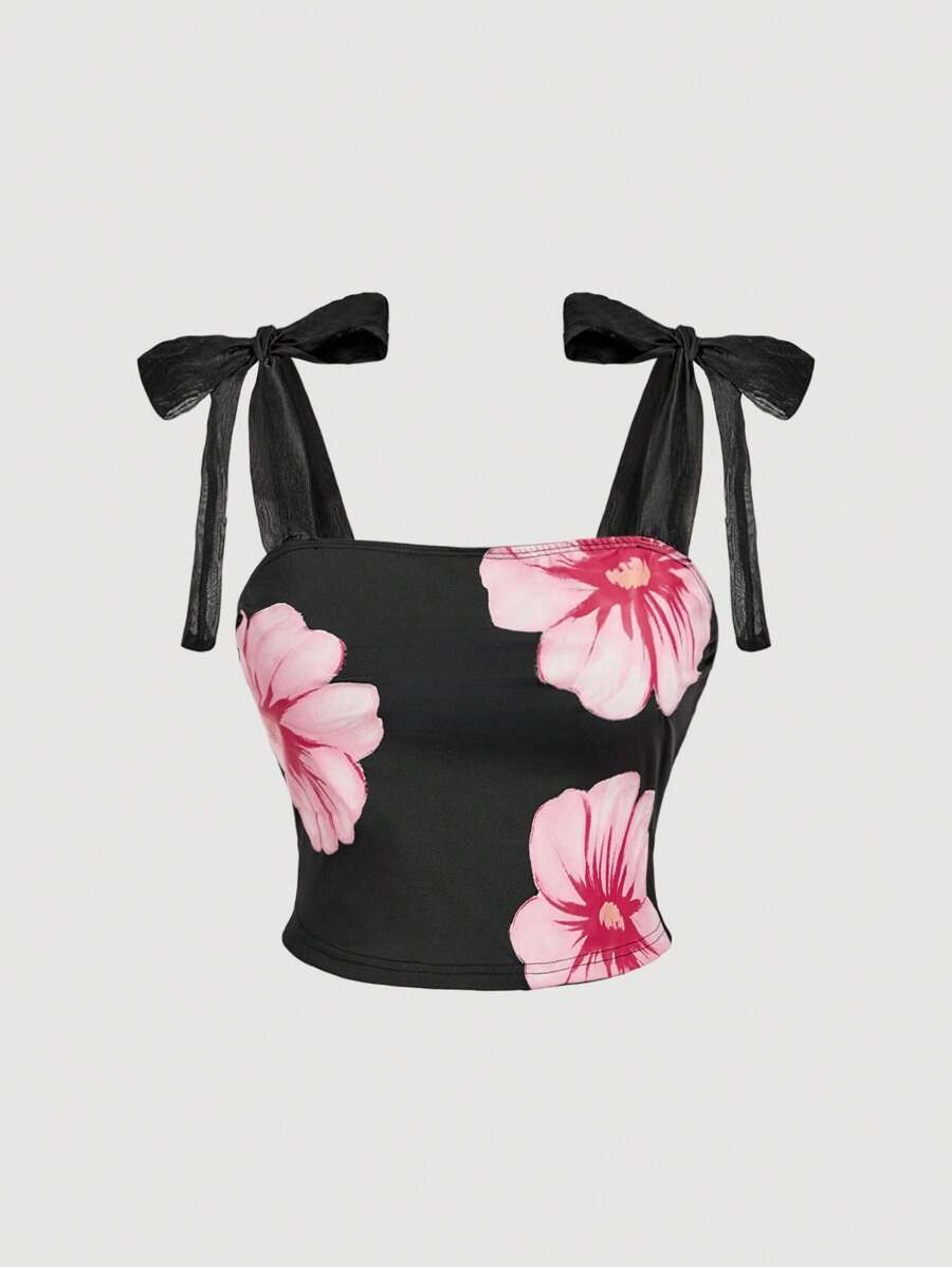 SHEIN MOD Plus Size Localized Printed Drawstring Tank Top For Women, Cute Top, Pink & Tops Top Homecoming - Black - View 1