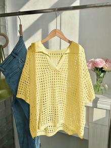 Comfortcana 大码女式休闲纯色镂空领短袖毛衣上衣，秋冬黄色夏季上衣 - 黃色 - 查看 5