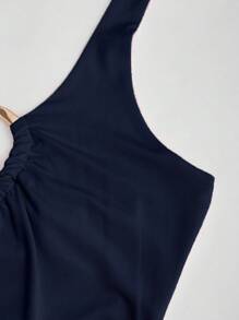 Sweetra Retro Sexy Deep V-Neck Metal Buckle Decor Halter Neck Top - Blue - View 5