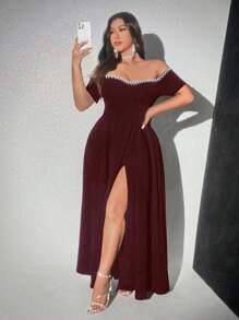 Viva Relle Đầm hở vai hở vai thanh lịch gợi cảm đính hạt cỡ lớn - Màu Đỏ Sâu - Xem 6