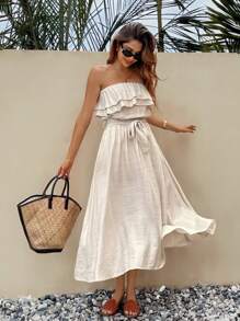 SHEIN Frenchy 女式休闲度假纯色荷叶边下摆抹胸连衣裙 - 杏色 - 查看 3