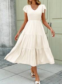 SHEIN LUNE Spring Romantic Date Shirred Bust Layered Ruffle Hem Pink Mid-Length Women Dress,Boho Clothes Women White Summer Dress Casual Summer Dress Women Vacation Dress Boho Dress Milkmaid Dress - Apricot - View 6