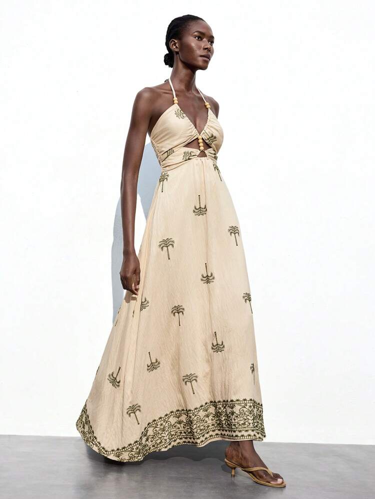 SHEIN Maija Summer 2025 New Spaghetti Strap Halter Neck Tied Bow Beaded Decor Flared Maxi Dress, Embroidery Fabric, Fashion Casual Chic Elegant Business Formal Cocktail Party Beach Holiday Music Festival Wedding Guest Brunch Outfit, Retro Vintage Street Style Back To School Autumn Y2K