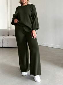 EURMUSE Plus Size Women Solid Color Raglan Lantern Sleeve Sweater & Knit Pants Casual Set - Army Green - View 1