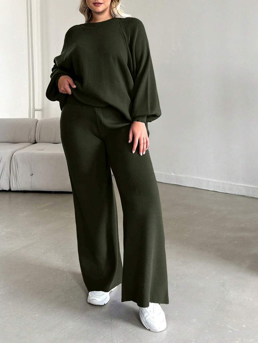 EURMUSE Plus Size Women Solid Color Raglan Lantern Sleeve Sweater & Knit Pants Casual Set - Army Green - View 1