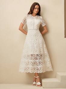 Anewsta Elegant Lace Splice Aesthetic Graceful Beige Short Sleeve Ruffled Panel Women Dress - Apricot - View 4