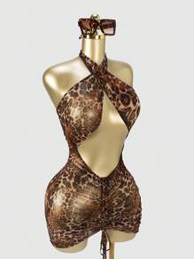 SHEIN SXY Sexy Sheer Leopard Print Hollow Out Halter Neck Mini Dress,Summer Outfits For Women,Cheetah Print,Mesh,Club Outfits Women Sexy,Going Out  ,Club Outfits,Streetwear Women
