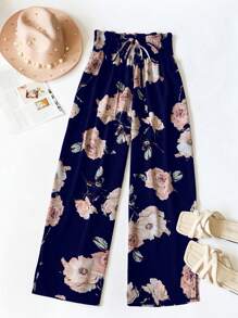 SHEIN PETITE Pantalon large en mousseline de soie imprimé floral avec cordon de serrage à la taille, pour les vacances des femmes - Bleu marine - Voir 1