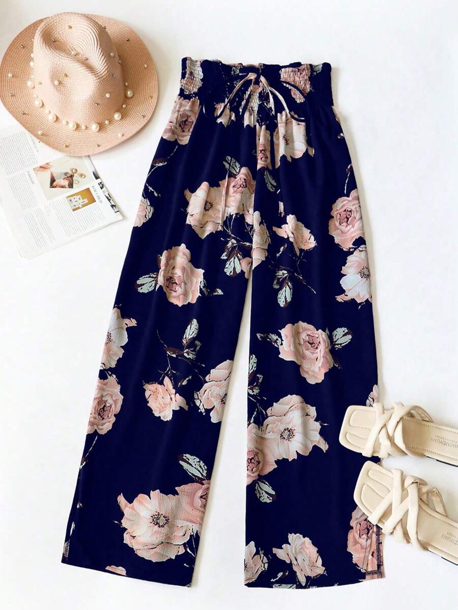 SHEIN PETITE Pantalon large en mousseline de soie imprimé floral avec cordon de serrage à la taille, pour les vacances des femmes - Bleu marine - Voir 1