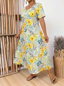 EMERY ROSE Vestido largo de cuello redondo con estampado floral en línea A para mujer de talla grande - Multicolor - Ver 5