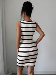 Elenzga Women's Elegant Striped Sleeveless Slim-Fit Mini Bodycon Dress, Summer