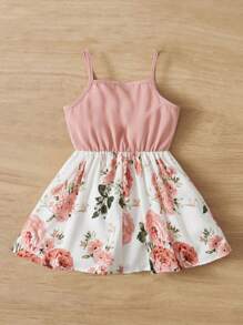 SHEIN Young Girl Floral Patchwork Ruffle Trim Sleeveless Knee Length Dress