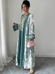 SHEIN Najma Women's Hooded Bell Sleeve Solid Color Print Patchwork Embroidered Ruffle Hem Loose Elegant Turkish Maxi Dress, Suitable For Casual Vacation, Modest Kaftan