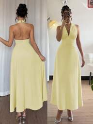 Selianne Women's Solid Color Ruched Plunging V-Neck Dress Yellow Maxi Dress Halter Neck Dress Yellow Halter Dress Long Halter Dress V Neck Halter Dress