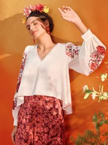 Frida Kahlo X SHEIN X Designer Oxana Placement Floral Print V Neck Flowy Puffy Long Sleeves Blouse Top Women Summer Vacation