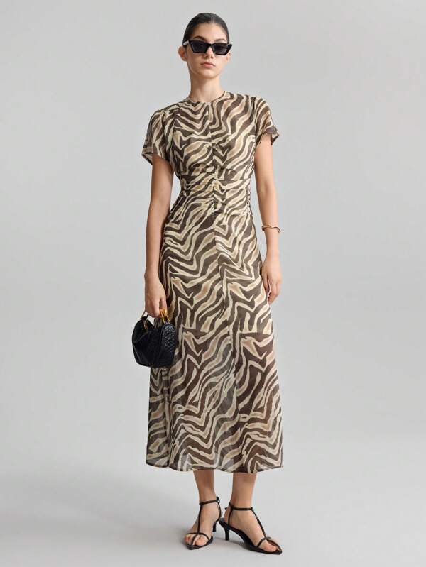 Ontre Women's Spring/Summer Dress, Women's Comfortable Casual Wear, Women's Apparel, Elegant Urban Style, Printed Dress, Zebra Print, Short Sleeve, Round Neck, Women's Long Dress, Business Casual, Flared Skirt, Spring/Summer Clothing, New Collection 2025