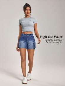 Flexra Women's Fashionable Denim Shorts, Suitable For Summer Denim Shorts High Waist - Blue - View 6