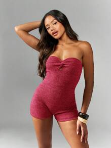 MISSGUIDED 无肩带扭纹前开襟连体衣 Badeau 夏季节日紧身衣晚间俱乐部服装时尚修身派对 - 酒紅色 - 查看 4