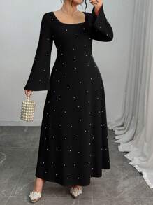 Elenzga 大码女式优雅长款串珠派对连衣裙，U领长袖 - 黑色 - 查看 3