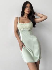 Firerie Women's Summer New Simple Elegant Vacation Beach Holiday Outing Fashion Green Contrast Lace Textured Laser Cut Satin Mini Dress