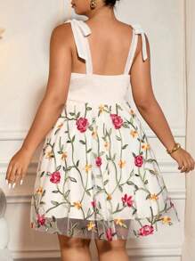 SHEIN Clasi Plus Size Women's Elegant Jacquard Floral Lace Overlay Bowknot Ruffle Hem Midi Dress - Apricot - View 2