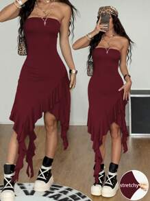 Coolane 女士夏季音乐会西部装度假 Y2K Gyaru 弹力不对称荷叶边无袖酒红色连衣裙，俱乐部性感波西米亚风装，外出 - 酒紅色 - 查看 3