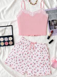 SHEIN Teen Girls' Lace Contrast Color Wave Hem Cami Top And Ditsy Floral Print Shorts Homewear - Pink - View 1