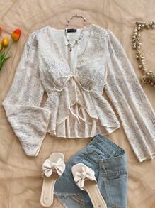 Soleia 女式 V 领喇叭袖荷叶边下摆玫瑰图案衬衫，适合度假、音乐节、波西米亚风、节日、下午茶