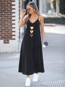SHEIN LUNE Đầm hai dây in hình trái tim tối giản dành cho nữ, thích hợp cho mùa hè, đi chơi, phong cách thanh lịch, thường ngày. - màu đen - Xem 3