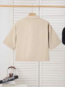 SHEIN 青少年男孩休闲短袖口袋黑色衬衫，运动街头服饰朋克摇滚学校派对外出音乐节服装，适合春夏季 - 卡其色 - 查看 2