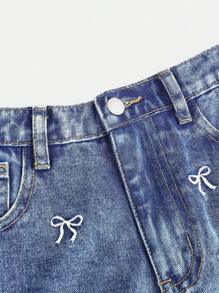 SHEIN Girlism Letnie, swobodne, luźne, dżinsowe szorty dla nastolatek z falbankami i kokardką, z przetarciami i haftem, letnie, koncertowe, festiwalowe, rave'owe, letnie, brunchowe, kościelne, na zakończenie roku szkolnego, streetwearowe, na powrót do szkoły