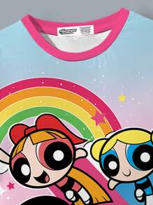 THE POWERPUFF GIRLS X SHEIN Váy trẻ em dễ thương họa tiết ngôi sao, cầu vồng, họa tiết hoạt hình in màu tương phản cổ tròn tay ngắn thoải mái cho mùa hè - trắng - Xem 5