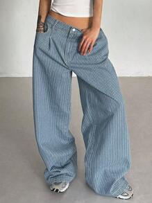 DAZY 女式蓝白条纹宽松休闲牛仔裤，夏季，返校服装 - 藍色 - 查看 7