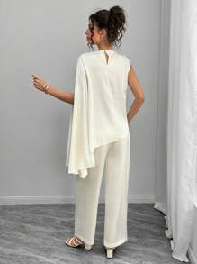 Momance Bộ đồ bầu 2 món thanh lịch màu trơn - Áo cánh satin viền bất đối xứng kèm quần ống đứng, tinh tế - Màu be - Xem 2