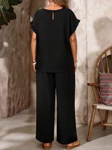 EMERY ROSE Plus Size Ruffle Collar Patchwork Blouse And Elastic Waist Drawstring Pants Two Pieces Outfit, Boho Casual Vacation Wear, Suitable For Spring/Summer Bohemian Clothes Vacation Two Pieces SetSummer Outfits For Women Wide Leg Pants Set Comfortable Two Piece Set - Black - View 2