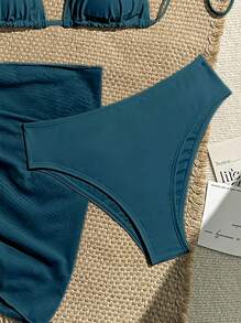 SHEIN Swim Bộ đồ bơi bikini gợi cảm buộc dây màu trơn đi biển mùa hè dành cho nữ 3 món kèm áo choàng & váy ngắn, họa tiết in thiết kế ngẫu nhiên - Màu xanh ngọc - Xem 4