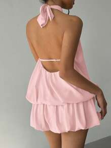 Aloruh Women's Sexy Backless Halter Neck Mini Dress, Summer,Club Outfits Women Sexy - Pink - View 2