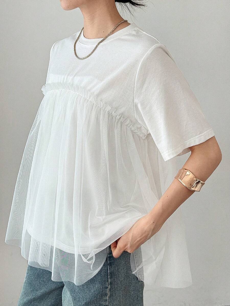 FRIFUL 女士宽松圆领网眼拼布大下摆纯色T恤 - 白色 - 查看 1