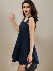 SHEIN Unity Women Solid Color Layered Ruffled Sleeveless Mini Dress, Summer Outfit,Dresses For Women Summer - Navy Blue - View 6