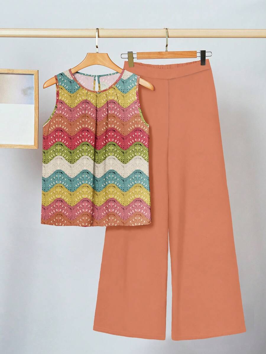 SHEIN Clasi 针织效果花卉图案女士休闲两件套，适合夏季、音乐节、度假、送给妈妈的礼物 - 橘色 - 查看 1