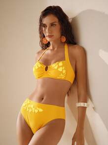 Anewsta 1 Conjunto de Elegante Bikini Amarillo de Cuello Halter para Mujeres Maduras de Moda - Dorado - Ver 6