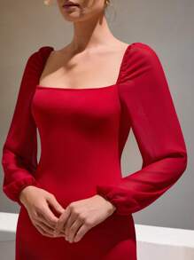 RueChic Women Elegant Dress, Mesh Fabric Patchwork, Bodycon Shape - Red - View 6