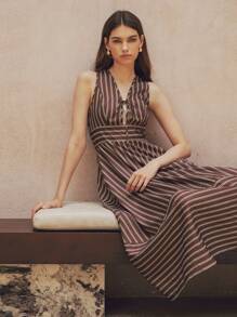 SHEIN ChicEase Green Women's Tie Waist Deep V-Neck Striped Print French Style Long Dress - Coffee Brown - View 3