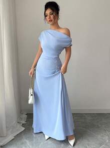 SHEIN Tall Women's Summer Elegant Refined Solid Color Asymmetric Collar Batwing Sleeve Ruched Fitted Dress