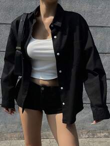 DAZY 女式长袖单排扣休闲宽松牛仔衬衫 - 黑色 - 查看 6