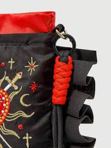 ROMWE Goth 女士时尚心形刺绣荷叶边单肩包 - 黑色 - 查看 5