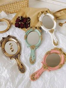 1pc Resin Hand Mirror Ins Style Small Mirror High-End Princess French Hand Mirror Baroque Style Creative Retro Handle Mirror Best Gifts Birthday Graduation Home Decor Back To School Room Decor School Supplies - Multicolor - View 2